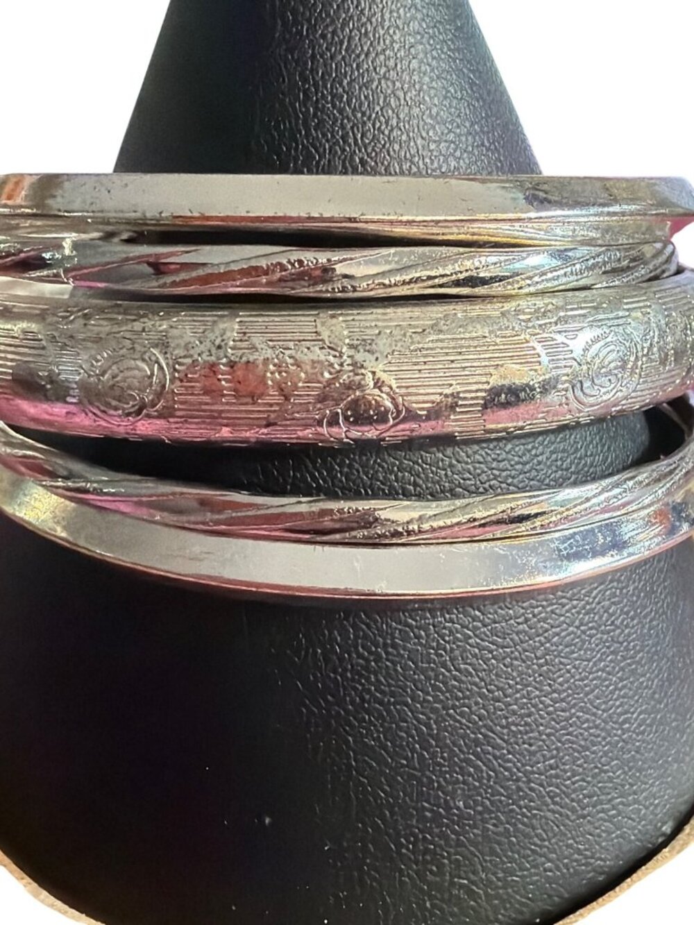 Vintage Silver Tone Etched Polished Bangle Bracelets Set Of 5 Estate Size 8
